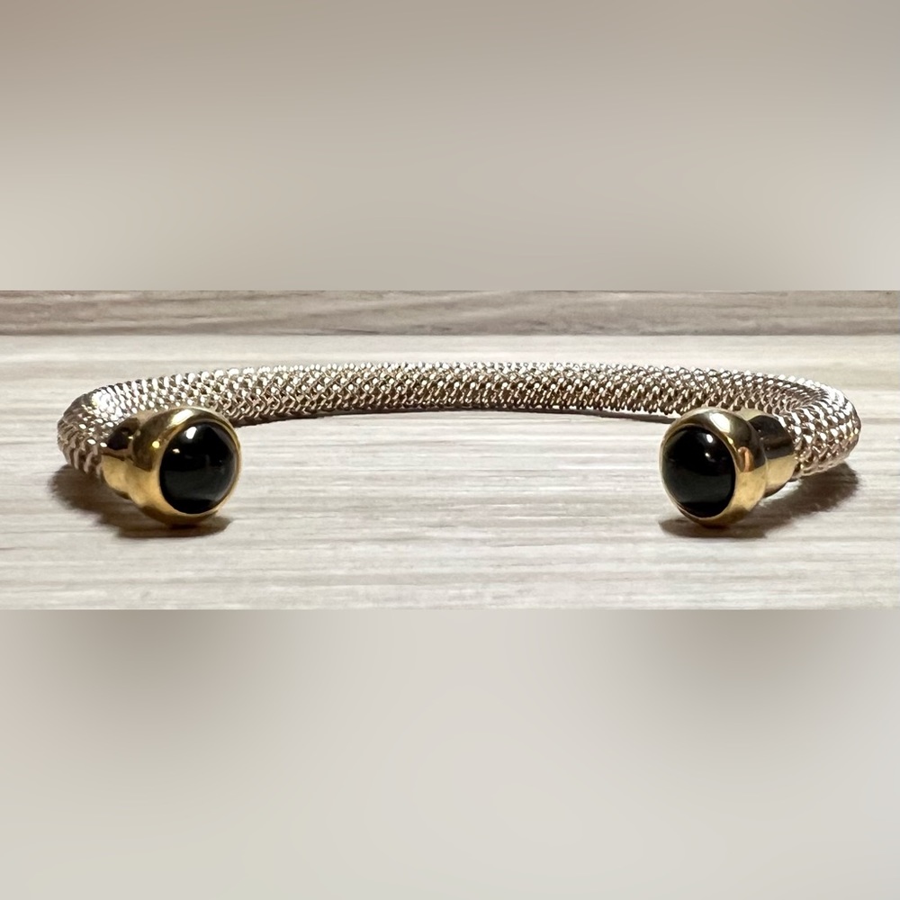 Vintage Designer Sterling Silver & Gold Onyx Cabochon Tip Cuff Bracelet, 7" - Picture 2 of 10